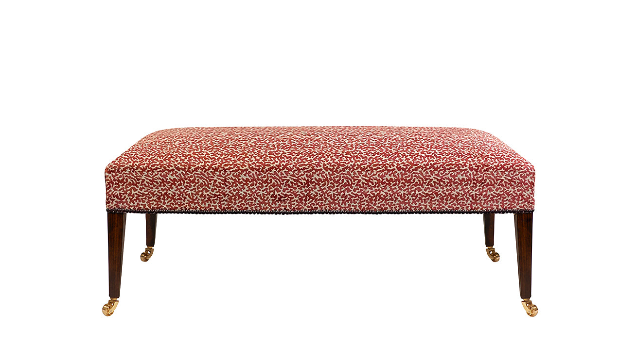 David Seyfried Georgian Style Stool in Manuel Canovas Velours Moorea Bois de Rose fabric with single row of antiqued nails around base. Showroom Clearance