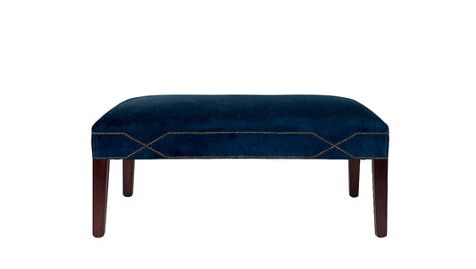 David Seyfried Georgian Style Stool in Osborne & Little Encore Blue velvet with crossover nailing with antiqued brass nails. Showroom Clearance.