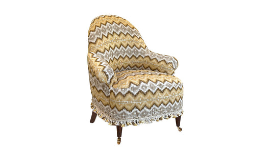 David Seyfried Grosvenor Chair in James Hare Mirage Golden fabric with James Hare Ophelia Golden Tassel Fringe. Showroom Clearance 