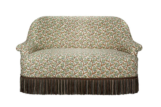 David Seyfried Grosvenor Sofa in  Namay Samay Alga Chestnut fabric with Samuel & Sons Margaux Aubergine Bullion Fringe. Showroom Clearance 