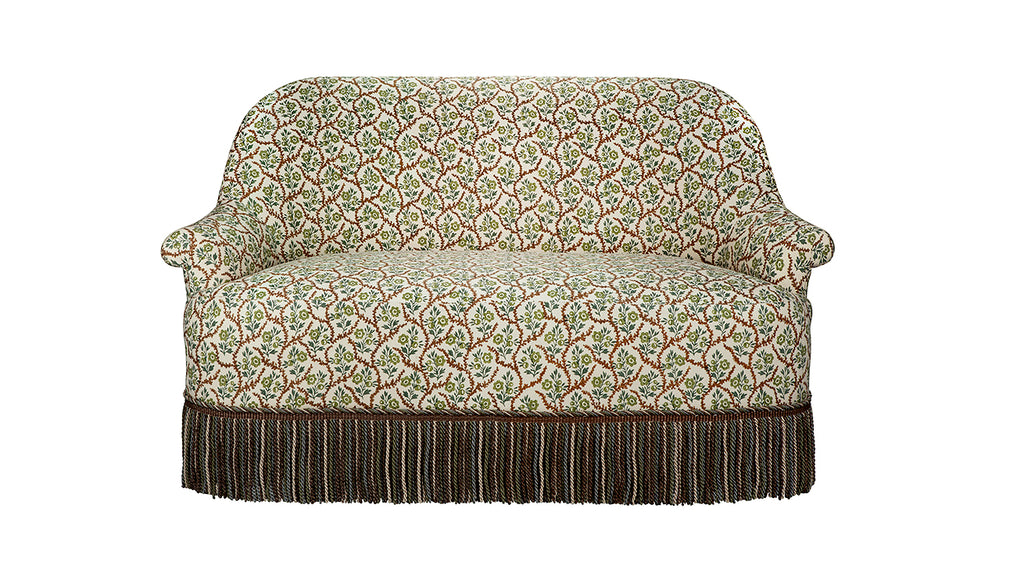 David Seyfried Grosvenor sofa in Namay Samay Alga Chestnut fabric with Samuel & Sons Margaux Aubergine Bullion Fringe