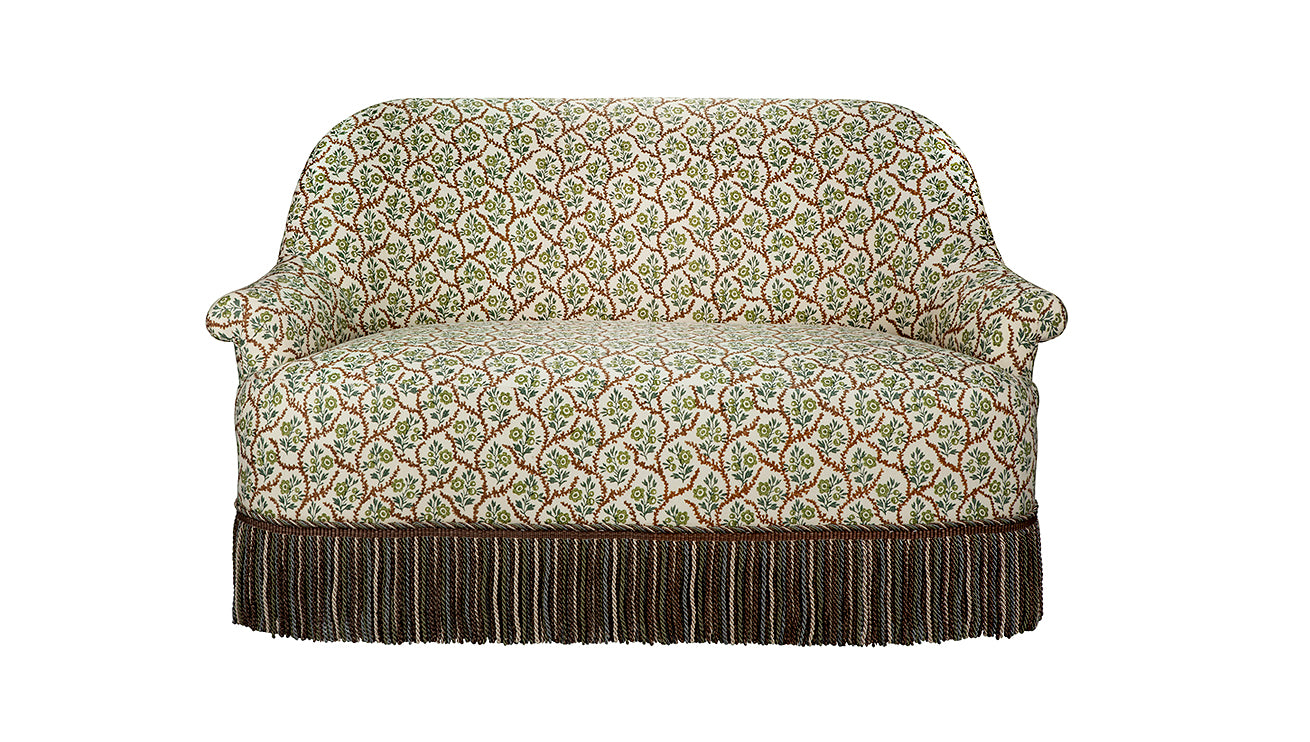 David Seyfried Grosvenor sofa in Namay Samay Alga Chestnut fabric with Samuel & Sons Margaux Aubergine Bullion Fringe
