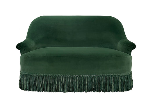 David Seyfried Grosvenor Sofa in Turnell & Gigon Oakley Verdant Green velvet with Les Passementeries de l'Île de France  bullion fringe. Showroom Clearance
