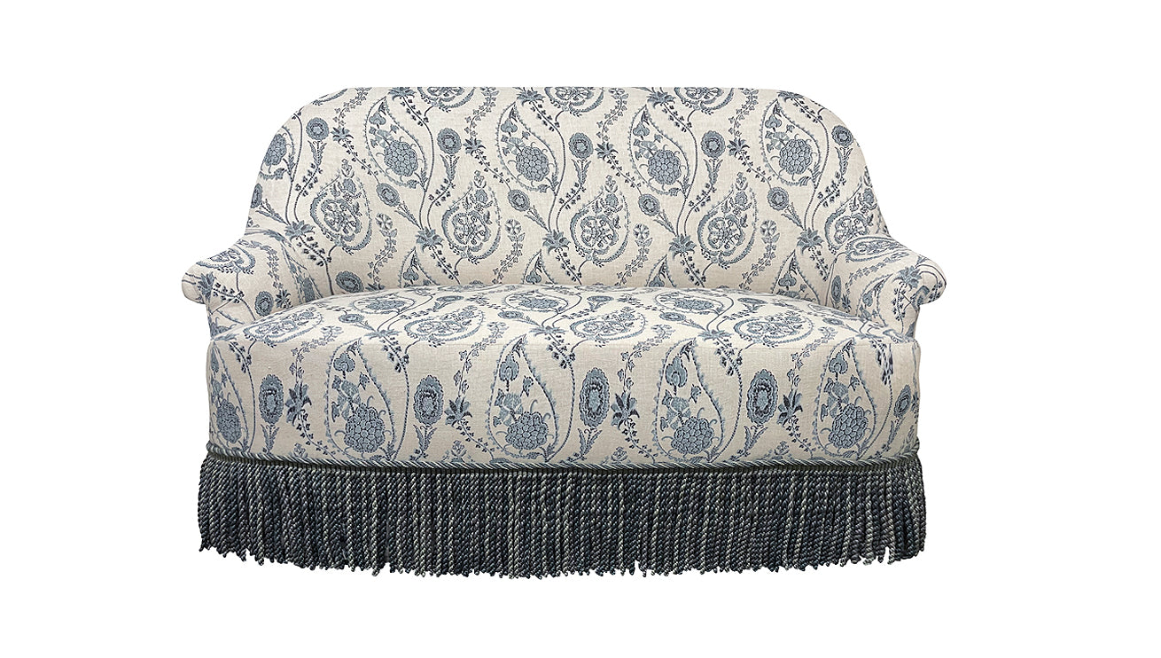 David Seyfried Grosvenor sofa in Ian Sanderson Delfyn Paisley Teal fabric with Samuel & Sons Astrid Slate bullion fringe