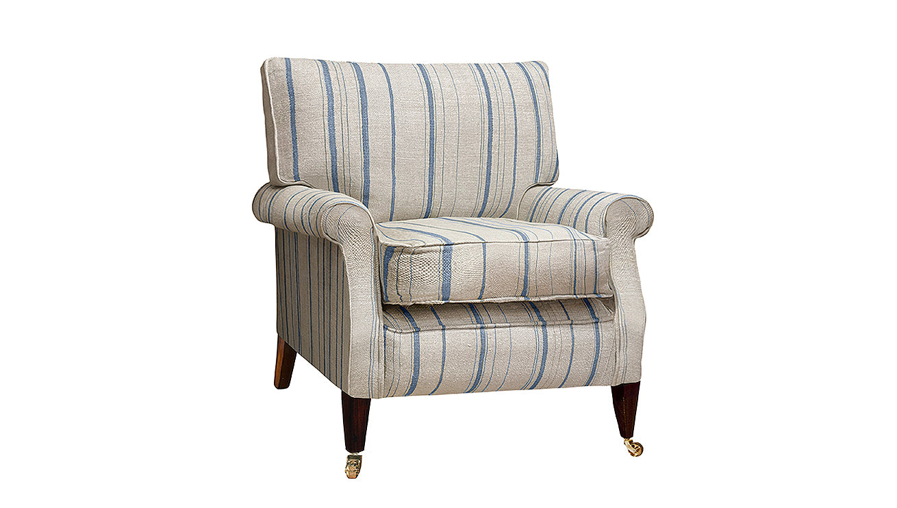 David Seyfried Halkin Chair in Fermoie Carskiey Single Stripe CARS-045 fabric. Showroom Clearance.