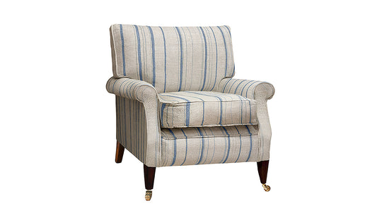 David Seyfried Halkin Chair in Fermoie Carskiey Single Stripe CARS-045 fabric. Showroom Clearance.