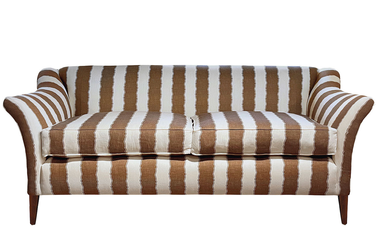 David Seyfried Harrington Grand Sofa in Nicky Haslam Balcony Stripe Unearthly Brown fabric. Showroom Clearance 