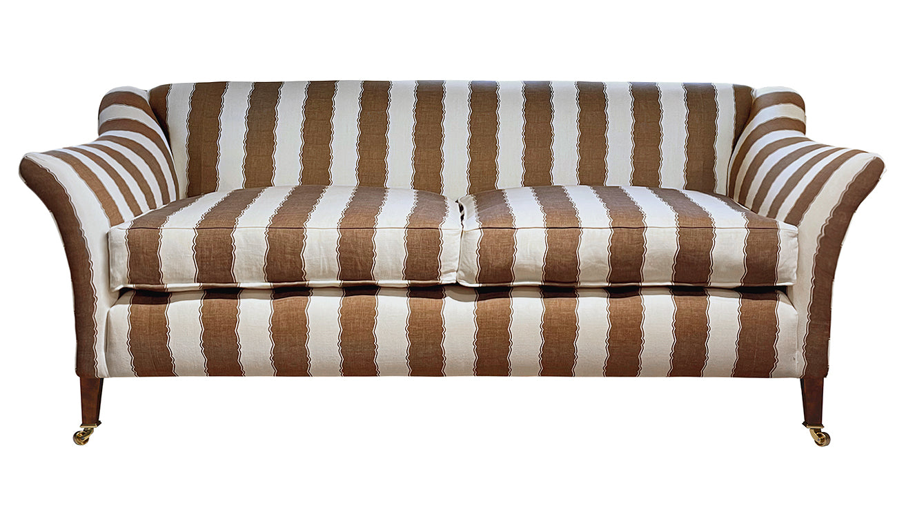 David Seyfried Harrington Grand Sofa in Nicky Haslam Balcony Stripe Unearthly Brown fabric