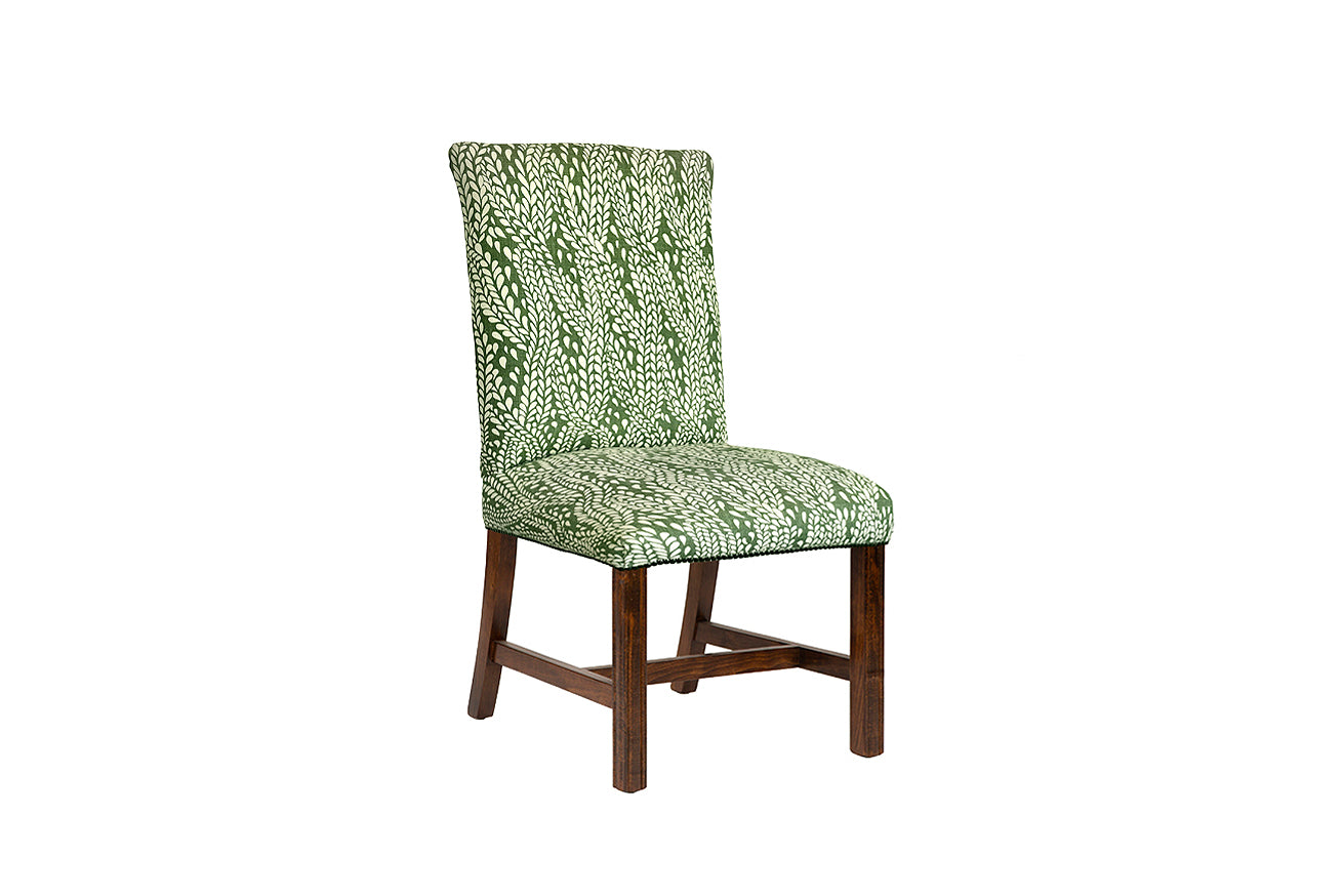 David Seyfried Lyall Dining Chair in Fabricut Winter Wheat New-Mown Green fabric. Showroom clearance