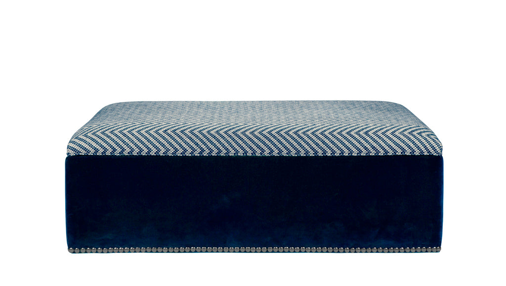 David Seyfried McCall stool in Linwood Zeus Navy & Manuel Canovas Rivoli Marine Velvet with a single row of large antiqued brass nails around base