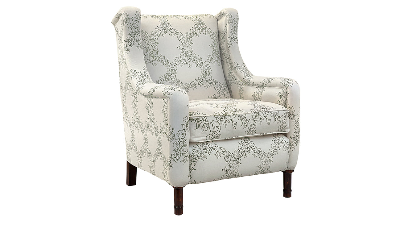 David Seyfried Munro Arm Chair Tall in Jean Monro Midday Lace Green Olive fabric