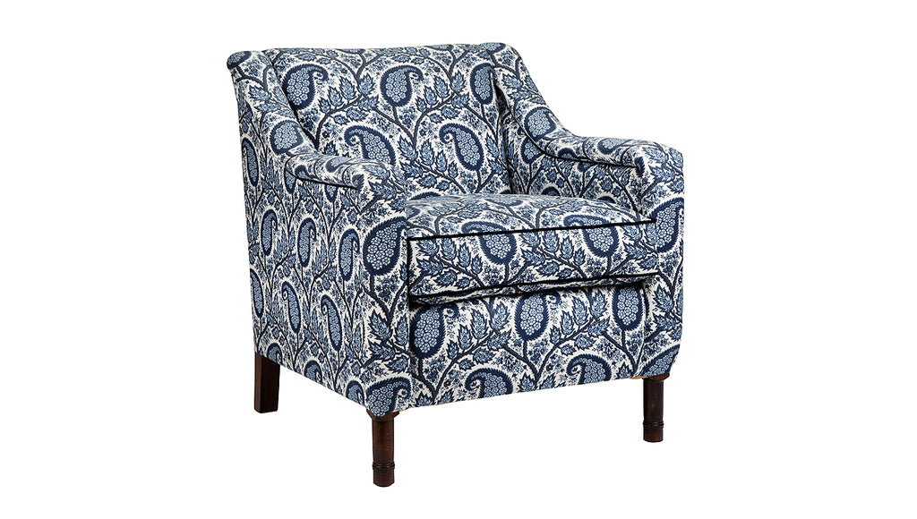 David Seyfried Munro Arm Chair in Thorp of London Physic fabric with Samuel & Sons Swiss Velvet Piping Cord Lapis