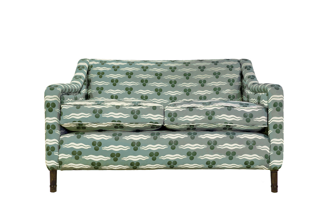 David Seyfried Munro 2 seater sofa in Ottoline Chintimani Antique Green fabric  fabric. Showroom clearance