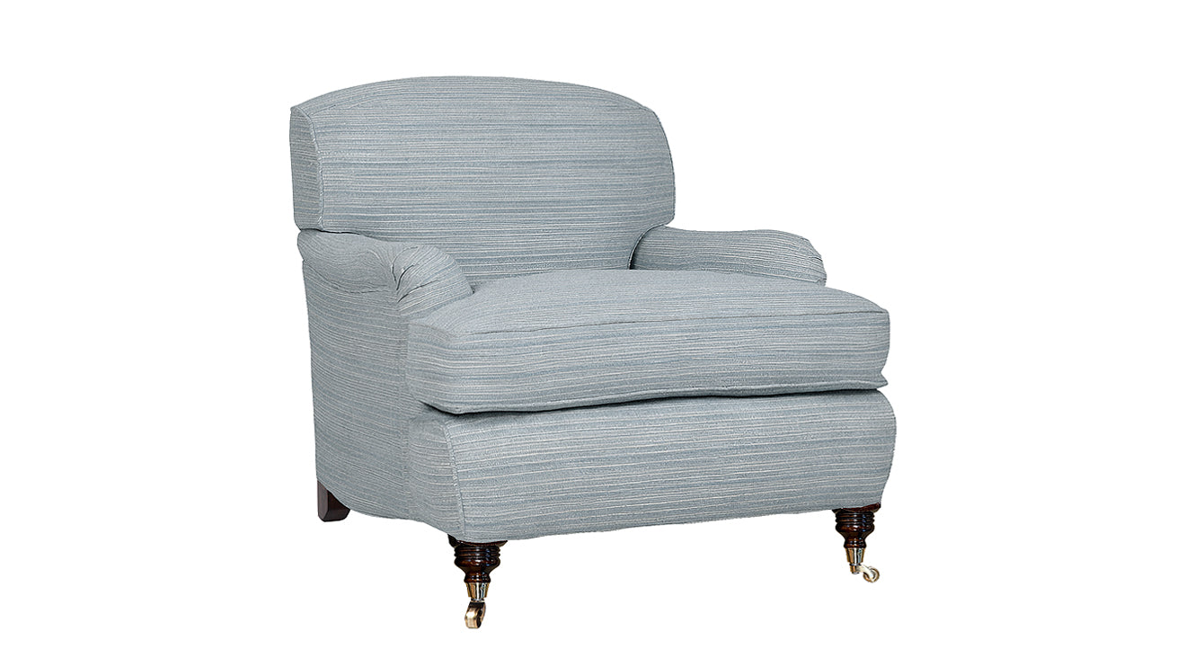 David Seyfried The Oakley Chair in Christopher Farr Hippie Woven Denim fabric. Showroom Clearance