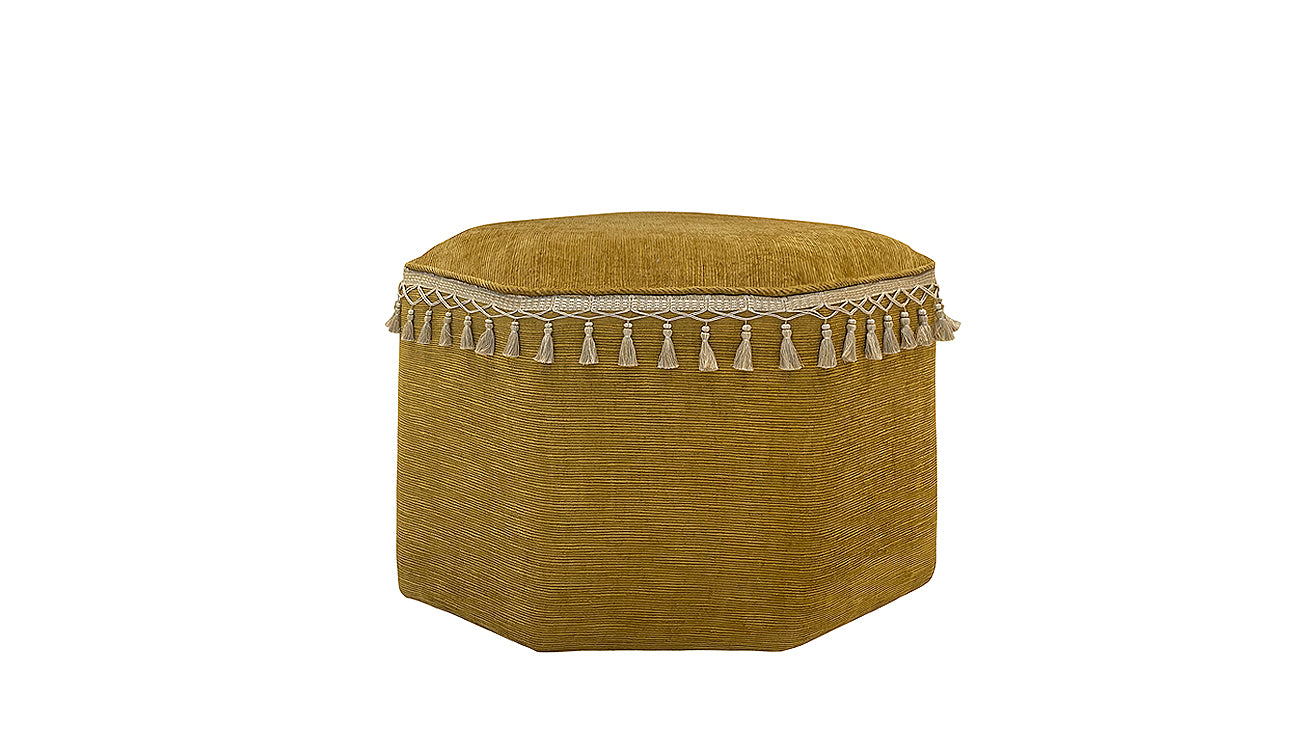 David Seyfried Octagonal Stool in Marvic Avalon Ochre fabric with Samuel & Sons Ilana Honey tassel fringe. Showroom Clearance