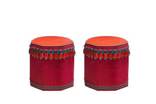 David Seyfried Octagonal Stools. A pair of stools in Romo Linara Cayenne and Miro Cranberry fabric with Samuel & Sons Julienne Piping Tropical, Kaleidoscope Crete border and Kaleidoscope Tasselled Border Fiesta. Showroom Clearance.