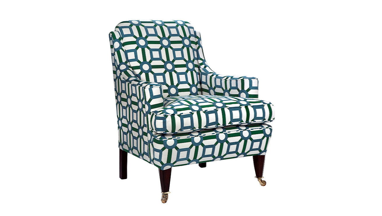 David Seyfried Onslow chair in green. blue and white fabric