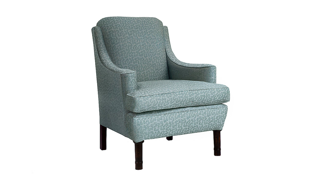David Seyfried Onslow chair in Salvesen Graham Seaweed Woven Aegean fabric