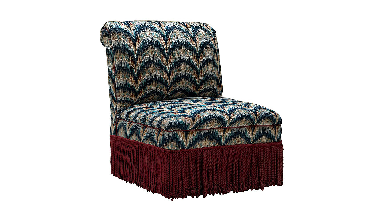 David Seyfried Phillimore Chair in Patrick Gallagher Festoni Dazzling Riviera fabric with Les Passementeries de l'Île de France flanged cord & speciale bullion fringe