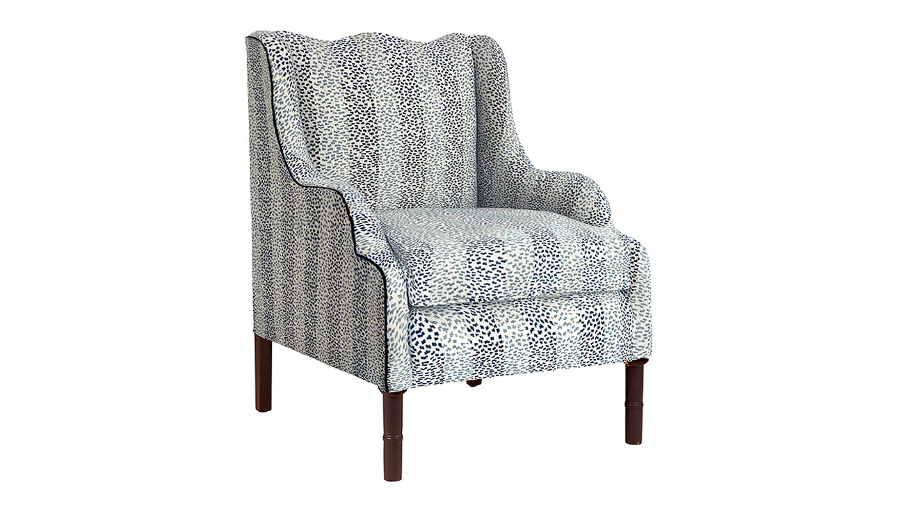 David Seyfried Large Ripple Chair in Stroheim Bharati 02 fabric with Samuel & Sons Lapis Swiss Velvet Piping