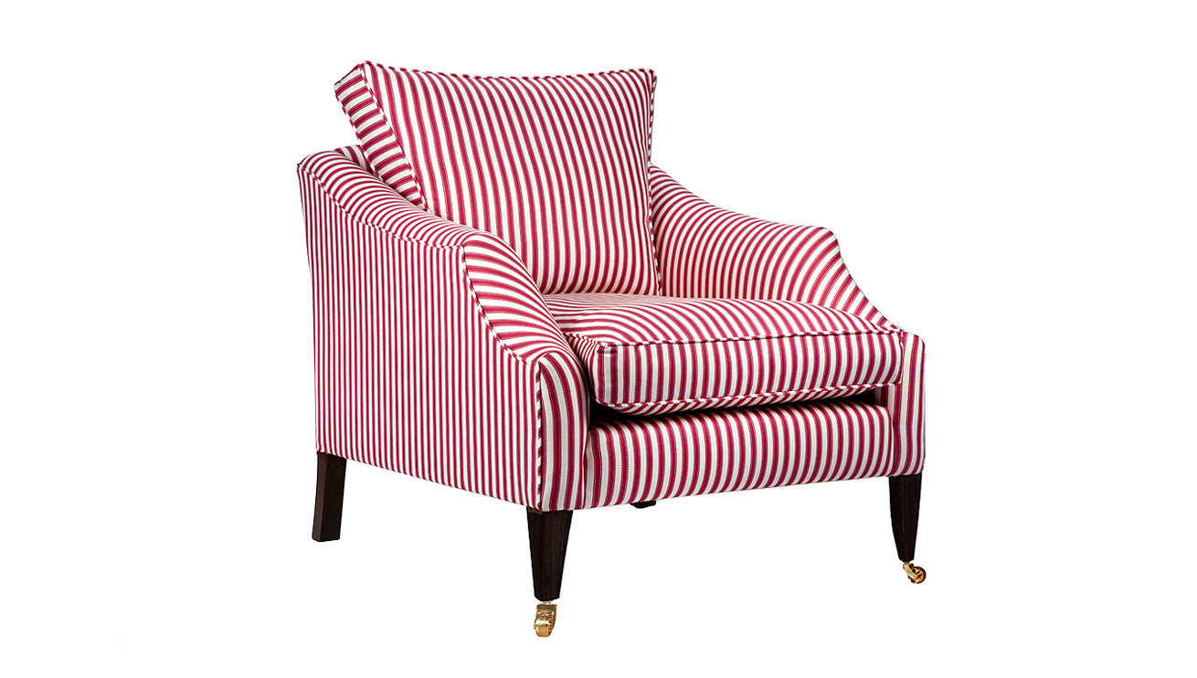 David Seyfried Rochester Chair in Sanderson Pinetum Stripe Mulberry fabric