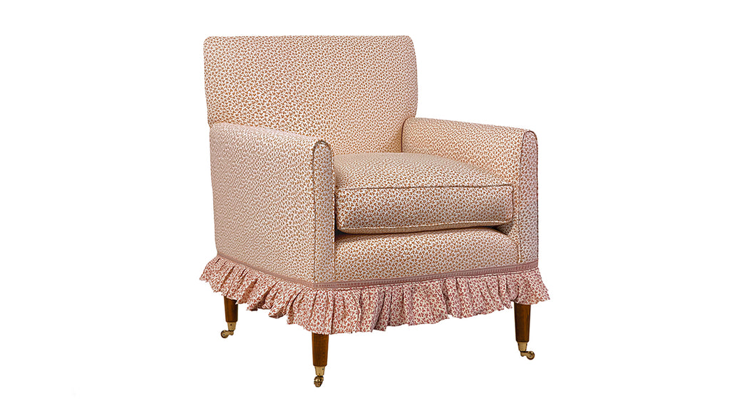 David Seyfried Salvesen Graham chair in  Ian Sanderson Miss Polly Persimon & Miss Polly Carrot fabrics with Samuel & Sons Ilana Coral border tape