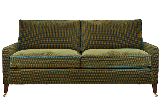 David Seyfried Sanford 2.5 Seater Sofa in Fabricut Struttura Velvet fabric with La Passementeries Large Passepoil Pomme et Canard Flanged Cord piping. Showroom Clearance