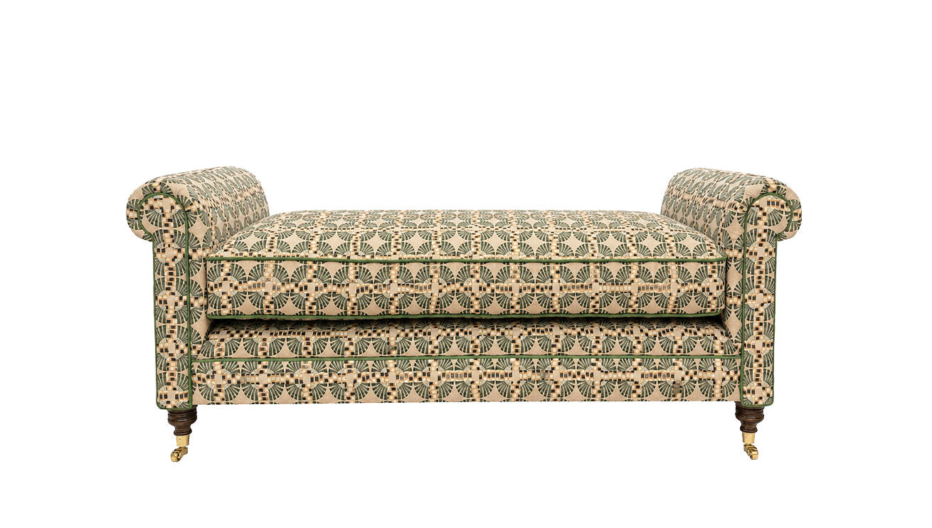 David Seyfried Scroll Arm Day Bed in Clarence House Jimbran Moss fabric with Turnell & Gigon Oakley Pale Green Velvet piping. Showroom Clearance