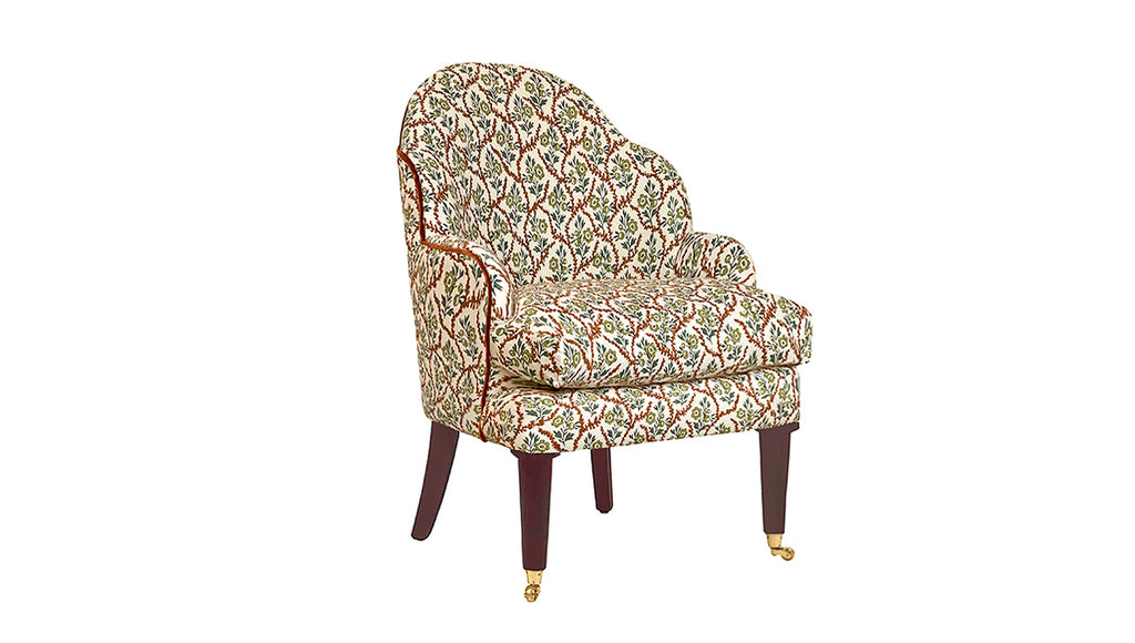 David Seyfried Editors Chairs (Large) in Namay Samay Alga Chestnut fabric with Manuel Canovas Rivoli Cuivre velvet piping. 