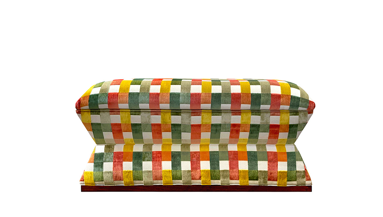 David Seyfried Waisted End of Bed Stool in Stroheim Aldora Island velvet fabric. Showroom Clearance.