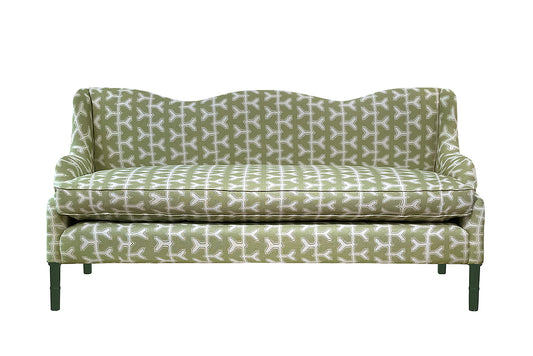 David Seyfried Wave Sofa in Studio Humbug Meander Pickle with Farrow & Ball Beverley painted legs. Showroom Clearance