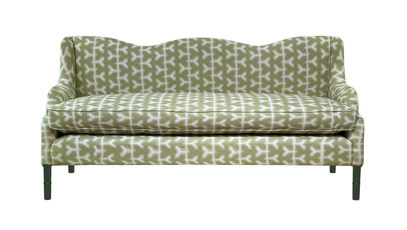 David Seyfried Wave sofa in Studio Humbug Meander Pickle with Farrow & Ball Beverley painted legs